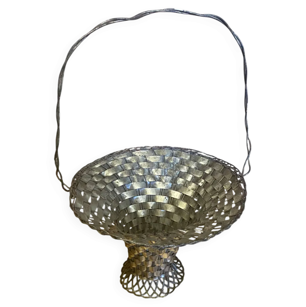 Panier Tressé Ancien Metal Argenté Vintage #E015