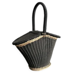 Panier vintage en rotin et plastique noir, années 50