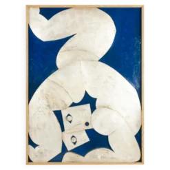 Panneau en bas-relief « L’Acrobate » argenté sur fond bleu. Contemporain.