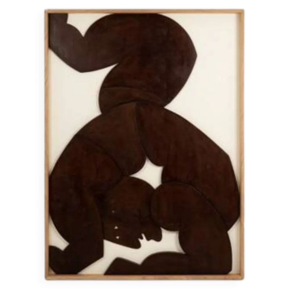 Panneau en bas-relief « Les Jumeaux » en bois patiné. Contemporain