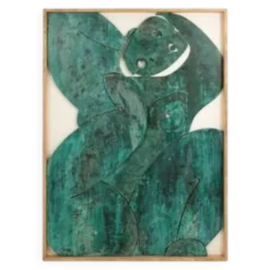 Panneau en bas-relief « Sortez du cadre !» en bois patiné. Contemporain