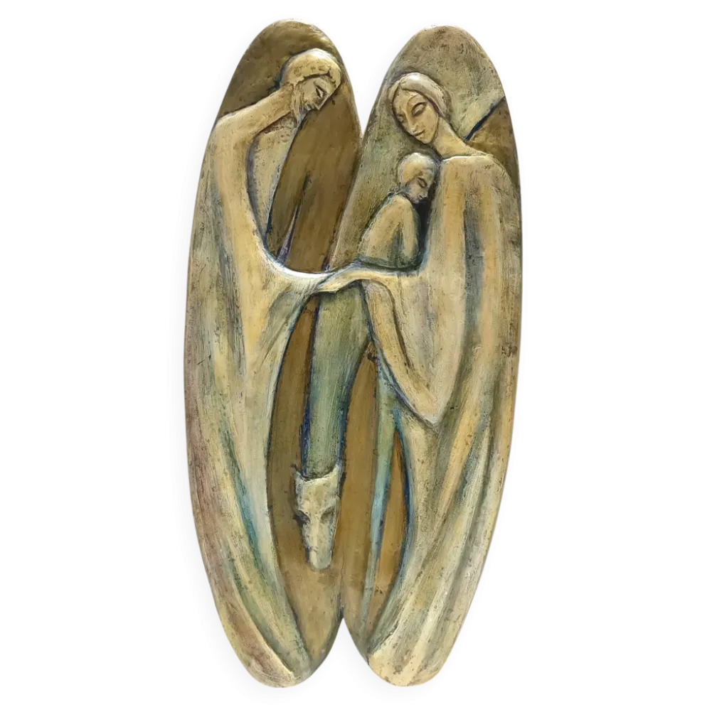 Panneau en hêtre peint et sculpté à la main représentant la Sainte Famille, Italie