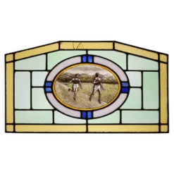 Panneau en verre teinté Art Déco représentant des coureurs en mouvement, Belgique vers 1910