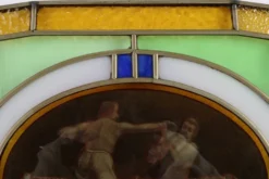 Panneau en verre teinté Art Déco représentant un match de boxe, Belgique vers 1910