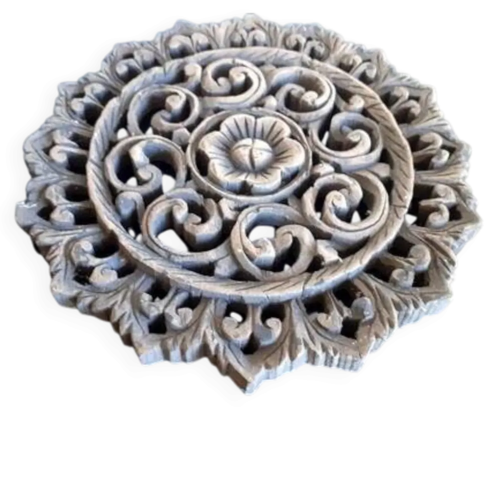 Panneau mural ancien 30 cm en bois sculpté / Origine Thaïlande