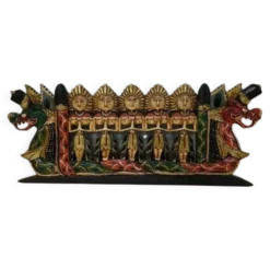 Panneau mural balinais bois sculpté doré polychrome dragon procession