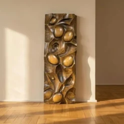 Panneau mural en bois sculpté, art mural, milieu du 20e siècle, 55 × 20 × 5 cm