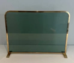 Pare-Feu Design à Panneau Unique en Verre Teinté Vert avec Cadre en Laiton