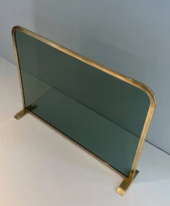 Pare-Feu Design à Panneau Unique en Verre Teinté Vert avec Cadre en Laiton