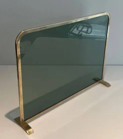 Pare-Feu Design à Panneau Unique en Verre Teinté Vert avec Cadre en Laiton