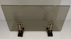 Pare-Feu en Verre Fumé sur Supports en Bronze Art Déco dans le Goût de Raym