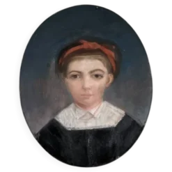 Pastel antique portrait jeune fille tableau ovale décoration campagne XIX