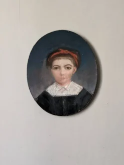 Pastel antique portrait jeune fille tableau ovale décoration campagne XIX