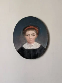 Pastel antique portrait jeune fille tableau ovale décoration campagne XIX