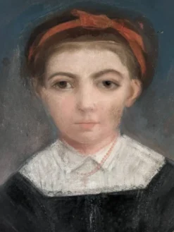 Pastel antique portrait jeune fille tableau ovale décoration campagne XIX