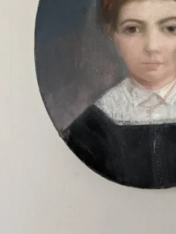 Pastel antique portrait jeune fille tableau ovale décoration campagne XIX