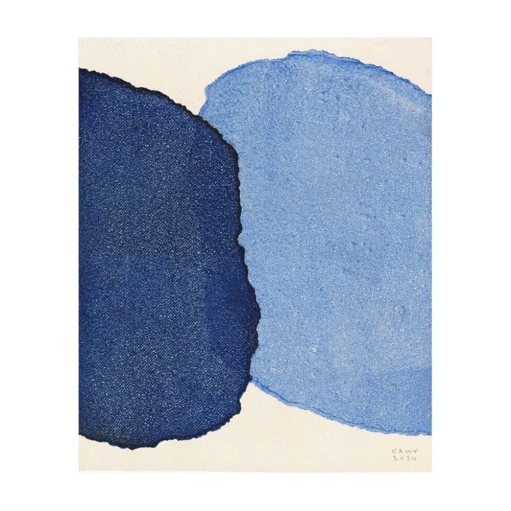 Peinture abstraite sur papier bleu signée Eawy