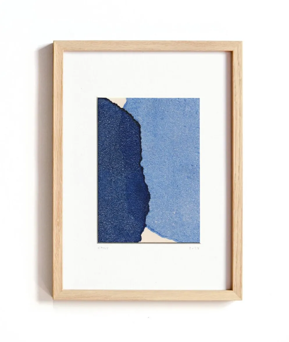 Peinture abstraite sur papier bleu signée Eawy