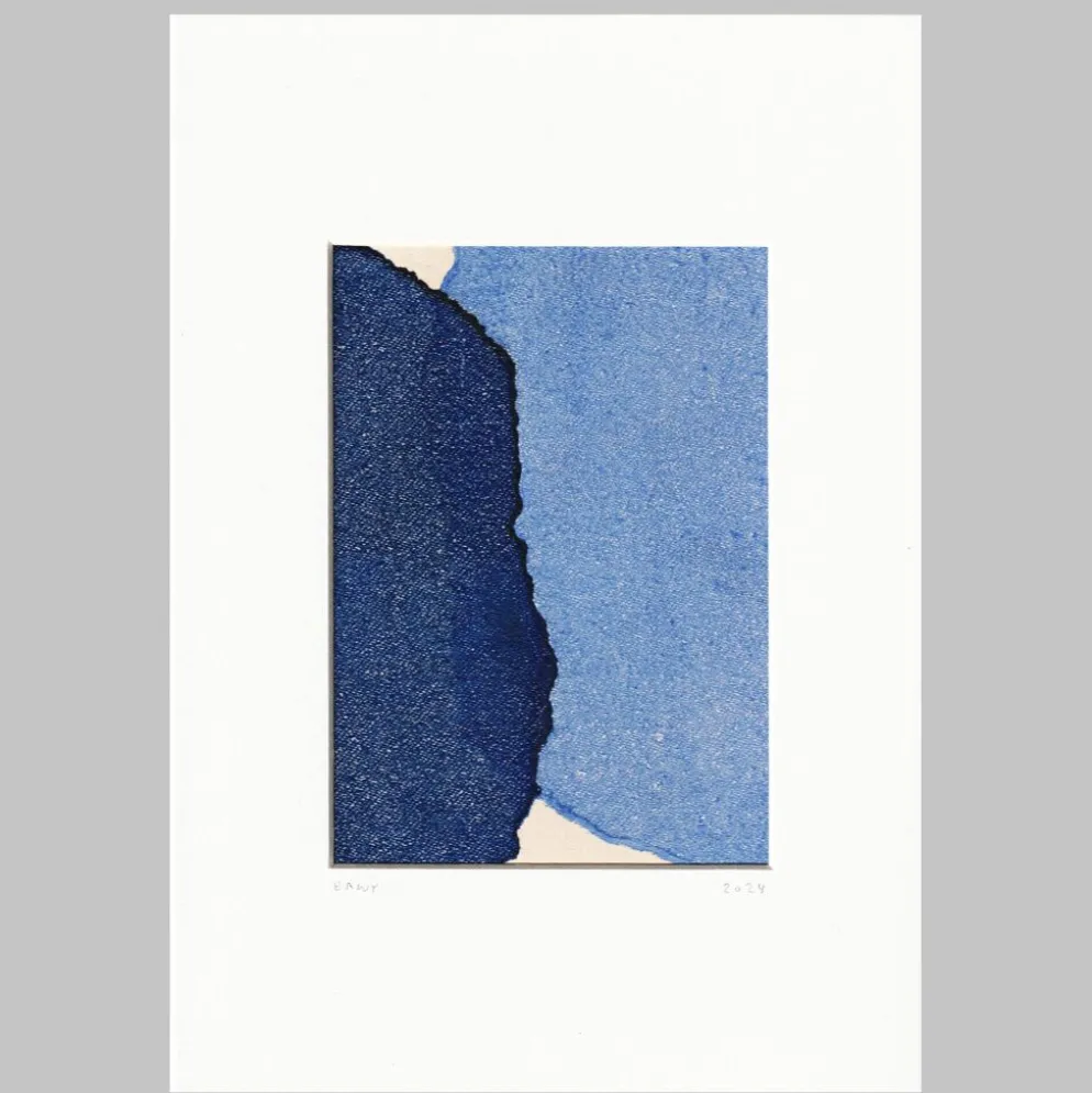 Peinture abstraite sur papier bleu signée Eawy