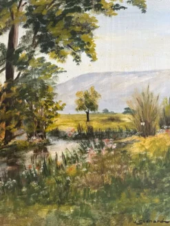 Peinture ancienne huile sur bois paysage verdoyant Joseph Guénard