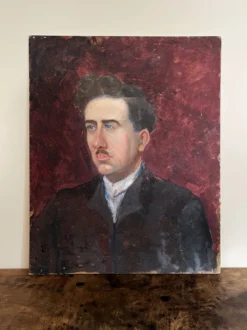 Peinture ancienne huile sur carton portrait homme en costume sombre