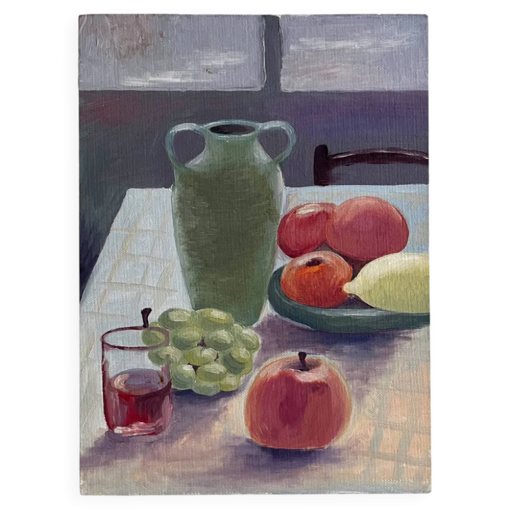 Peinture ancienne huile sur carton nature morte fruits table