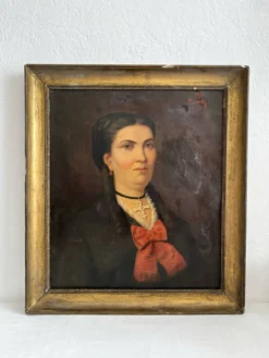 Peinture ancienne huile sur toile portrait femme noeud rouge fin 19eme