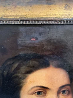 Peinture ancienne huile sur toile portrait femme noeud rouge fin 19eme