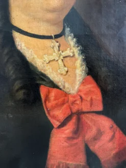 Peinture ancienne huile sur toile portrait femme noeud rouge fin 19eme