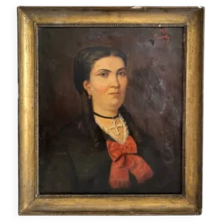 Peinture ancienne huile sur toile portrait femme noeud rouge fin 19eme