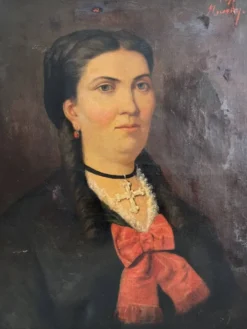 Peinture ancienne huile sur toile portrait femme noeud rouge fin 19eme