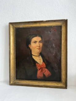 Peinture ancienne huile sur toile portrait femme noeud rouge fin 19eme