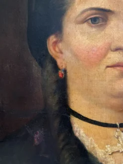 Peinture ancienne huile sur toile portrait femme noeud rouge fin 19eme