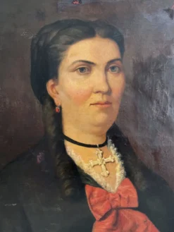 Peinture ancienne huile sur toile portrait femme noeud rouge fin 19eme