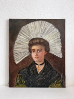 Peinture ancienne huile sur toile portrait de femme en costume traditionnel