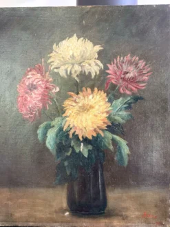 Peinture Ancienne Huile sur Toile Fin XIXe – Nature Morte aux Chrysant
