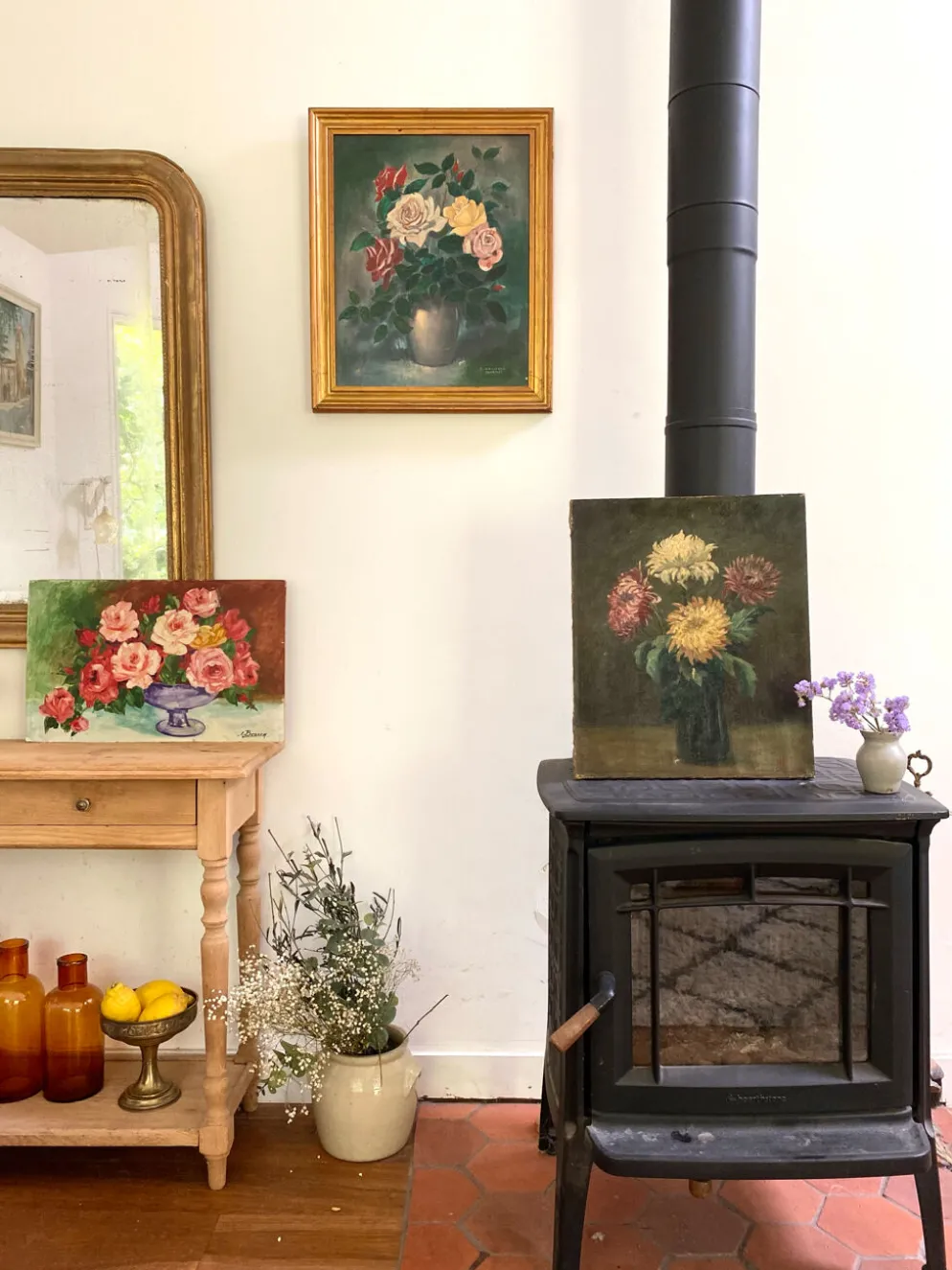 Peinture Ancienne Huile sur Toile Fin XIXe – Nature Morte aux Chrysant