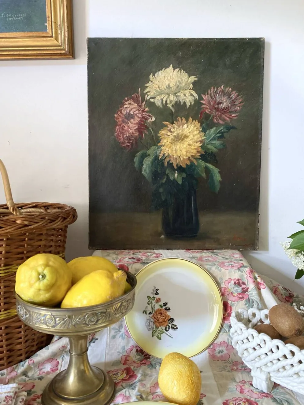 Peinture Ancienne Huile sur Toile Fin XIXe – Nature Morte aux Chrysant