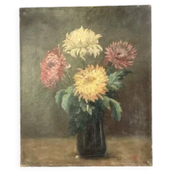 Peinture Ancienne Huile sur Toile Fin XIXe – Nature Morte aux Chrysant