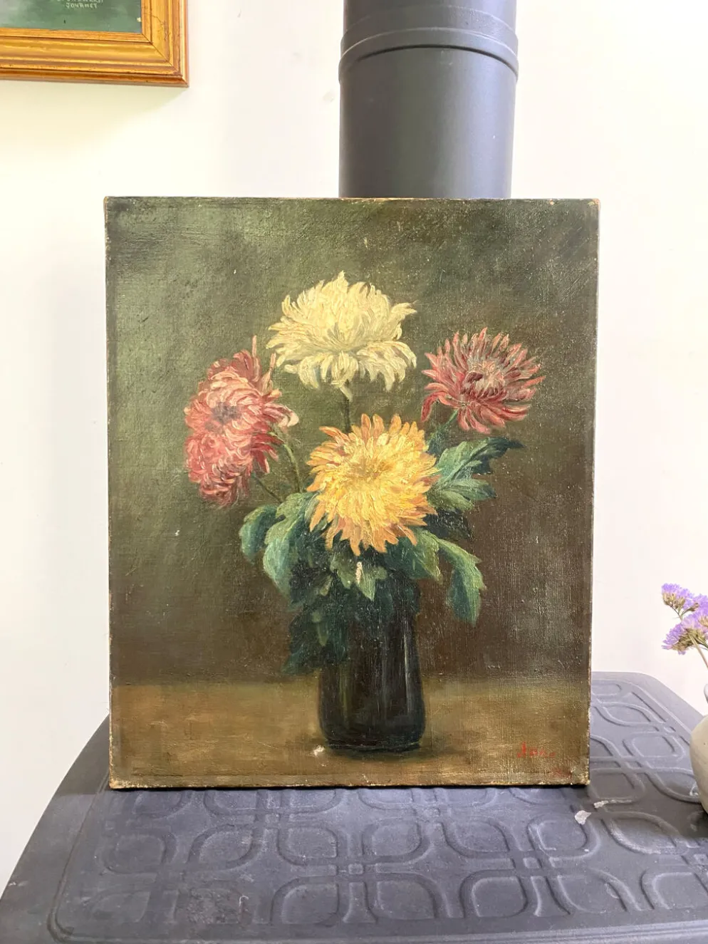 Peinture Ancienne Huile sur Toile Fin XIXe – Nature Morte aux Chrysant