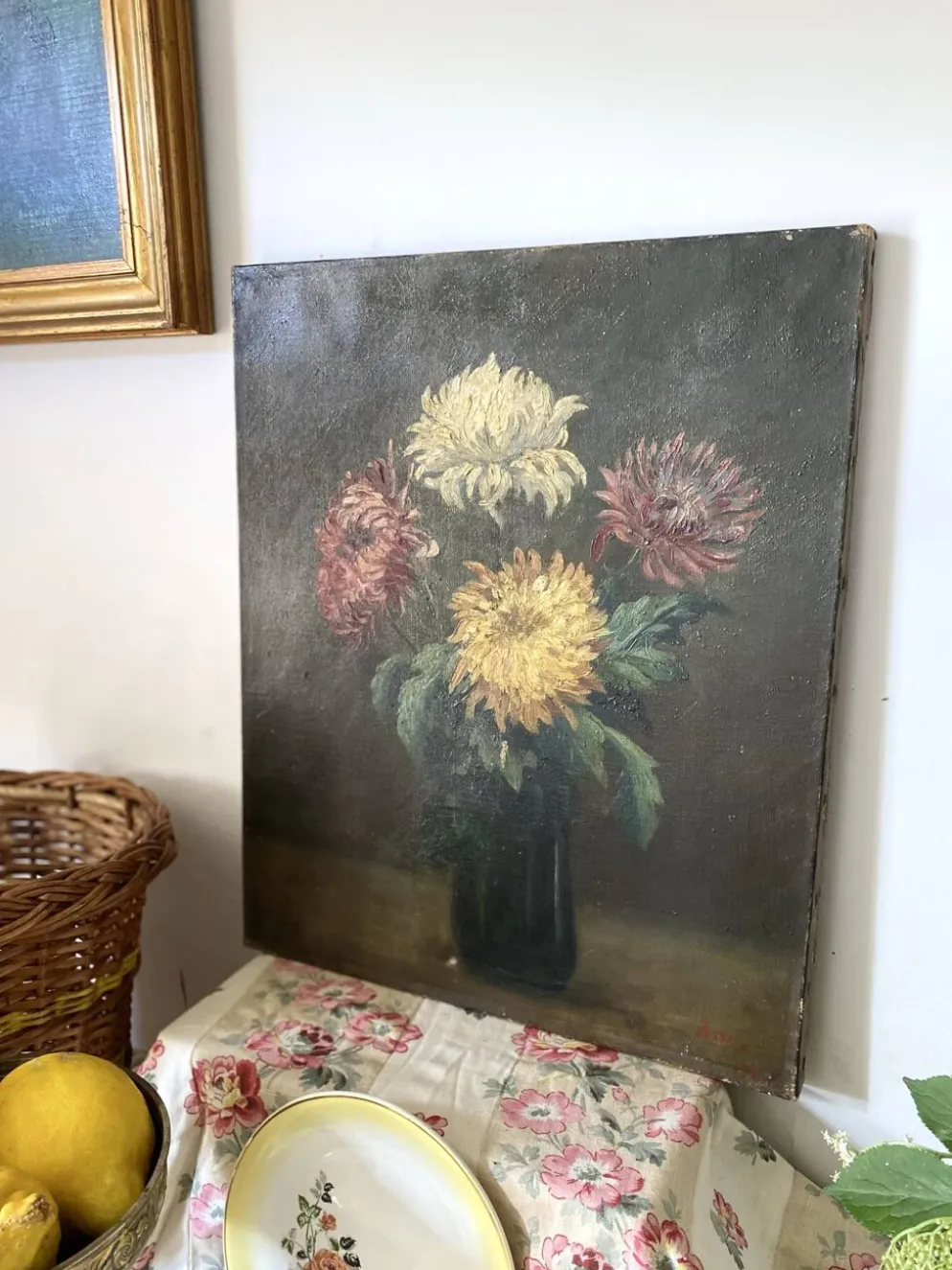 Peinture Ancienne Huile sur Toile Fin XIXe – Nature Morte aux Chrysant