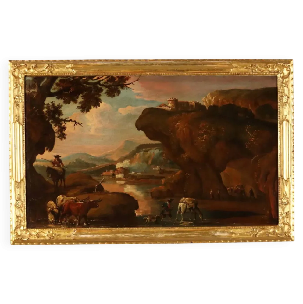 Peinture ancienne paysage avec bergers, huile sur toile, XVIIe siècle