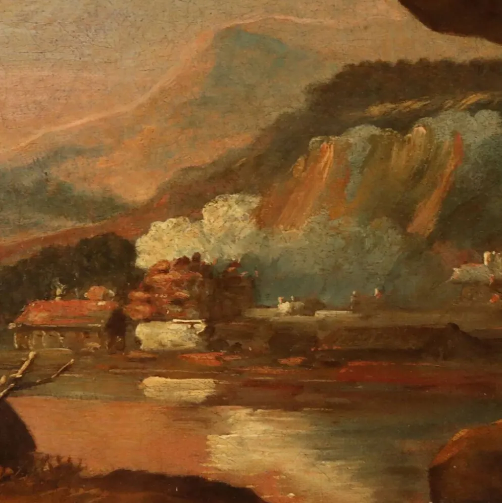 Peinture ancienne paysage avec bergers, huile sur toile, XVIIe siècle
