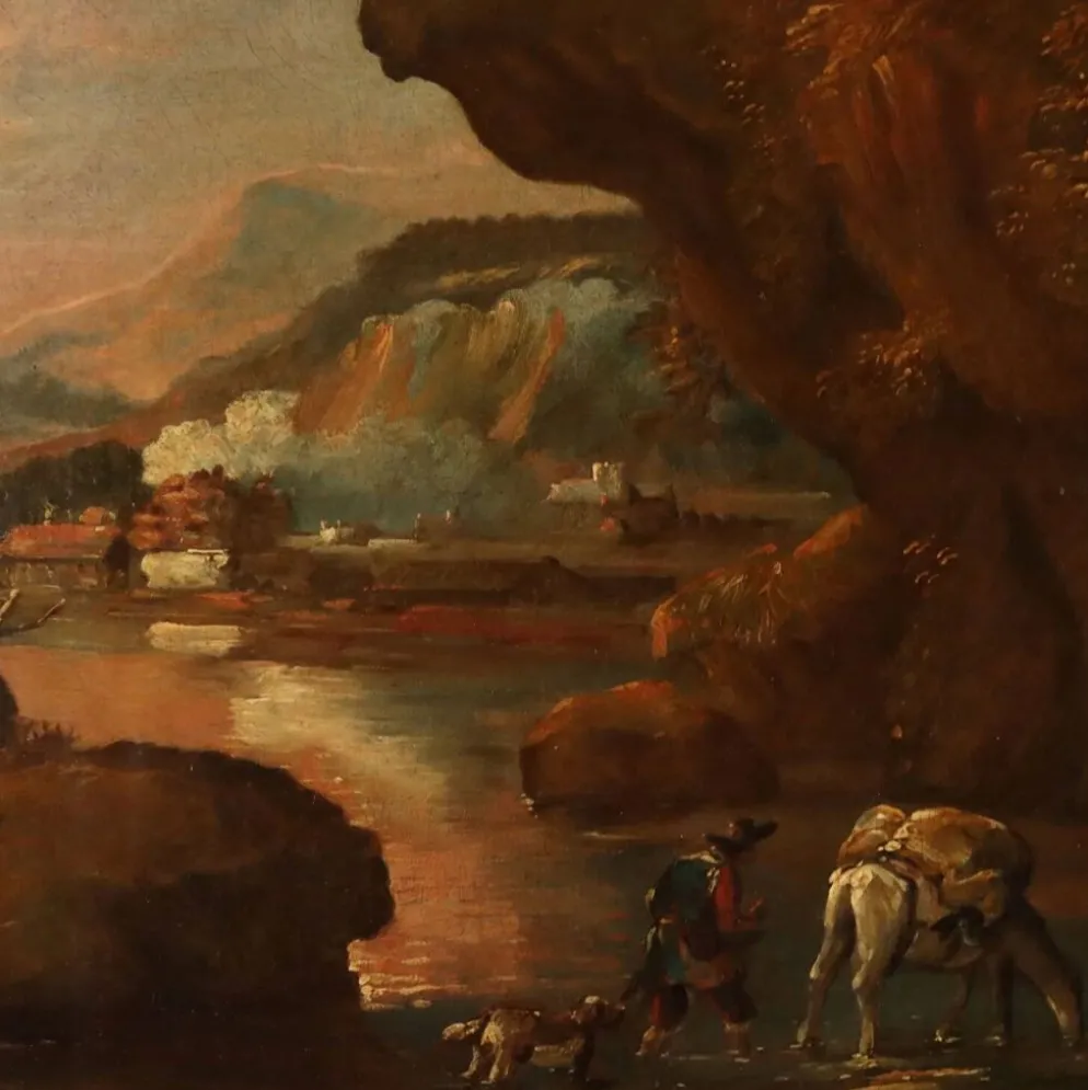 Peinture ancienne paysage avec bergers, huile sur toile, XVIIe siècle