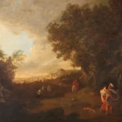 Peinture ancienne paysage avec personnages, huile sur toile, XVIIIe siècle