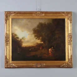 Peinture ancienne paysage avec personnages, huile sur toile, XVIIIe siècle