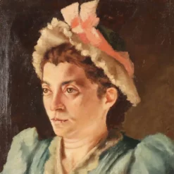 Peinture ancienne, portrait féminin, huile sur toile, Italie, 1892