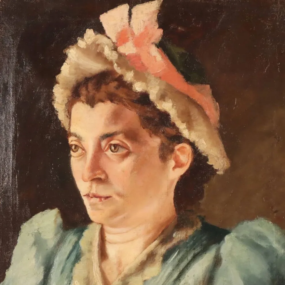Peinture ancienne, portrait féminin, huile sur toile, Italie, 1892