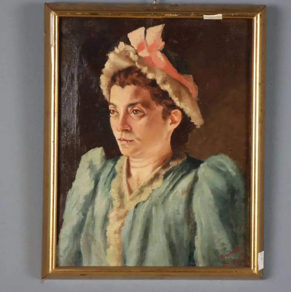 Peinture ancienne, portrait féminin, huile sur toile, Italie, 1892