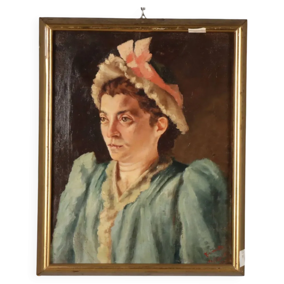 Peinture ancienne, portrait féminin, huile sur toile, Italie, 1892